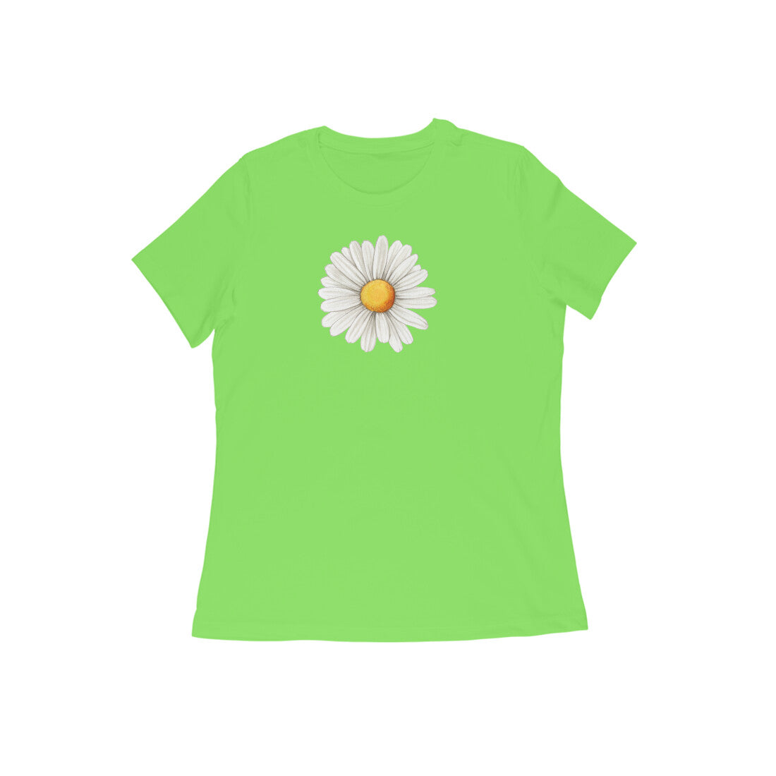 Green t-shirt with a white daisy graphic on a white background