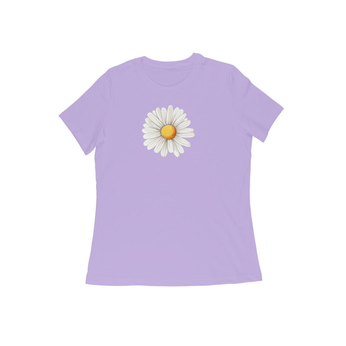 Purple t-shirt with a white daisy graphic on a white background