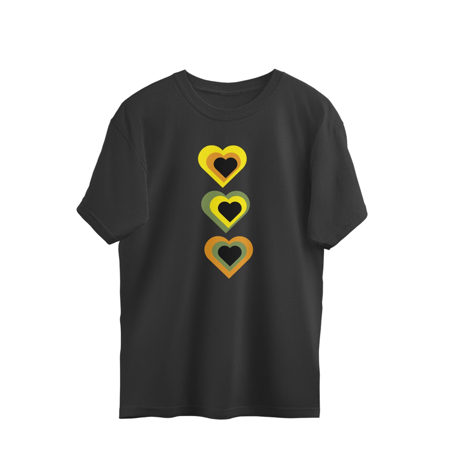 Black t-shirt with colorful heart design on a white background