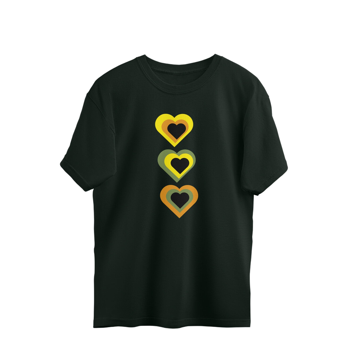 Black t-shirt with colorful heart design on a white background