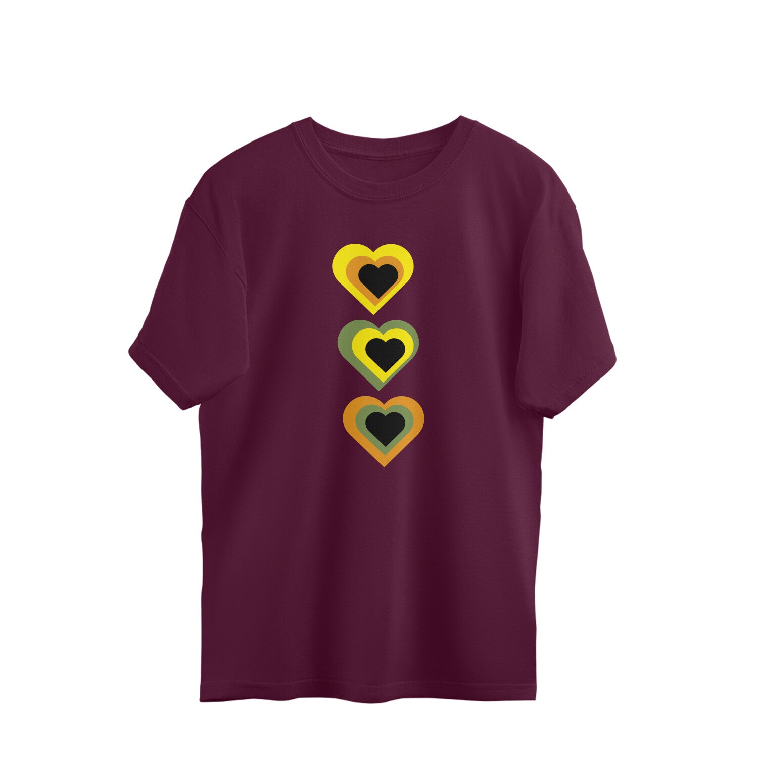 Maroon t-shirt with three colorful heart designs on a white background
