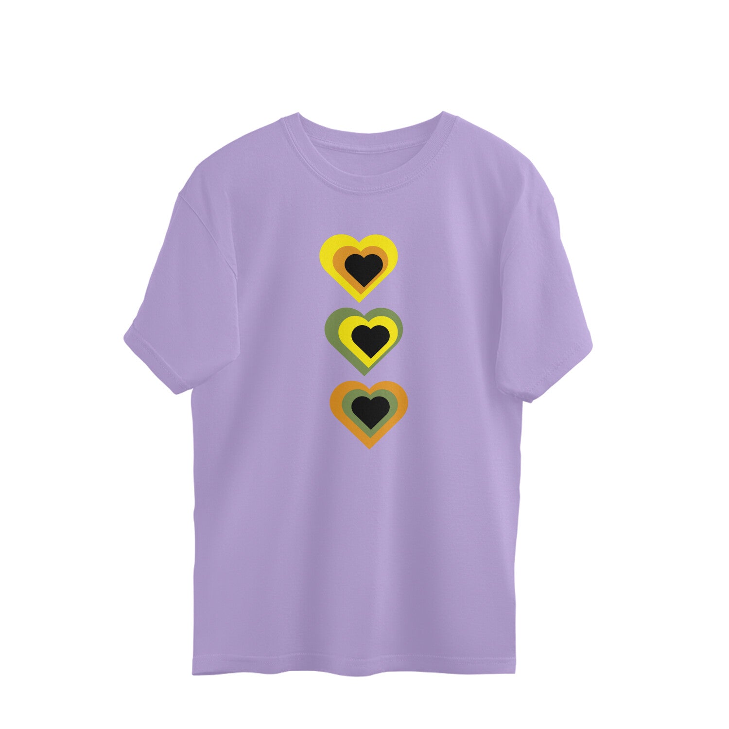 Purple t-shirt with colorful heart designs on a white background