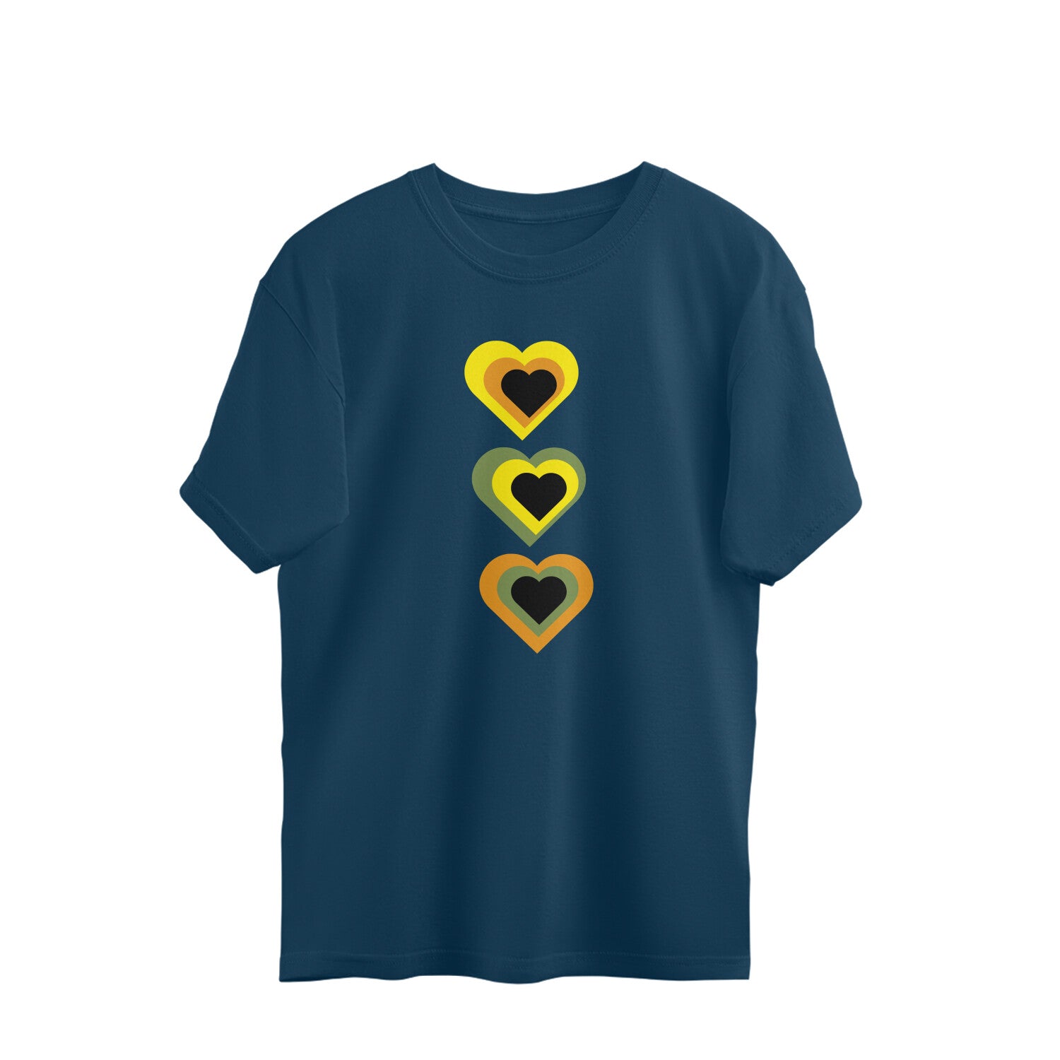 Navy blue t-shirt with colorful heart design on a white background