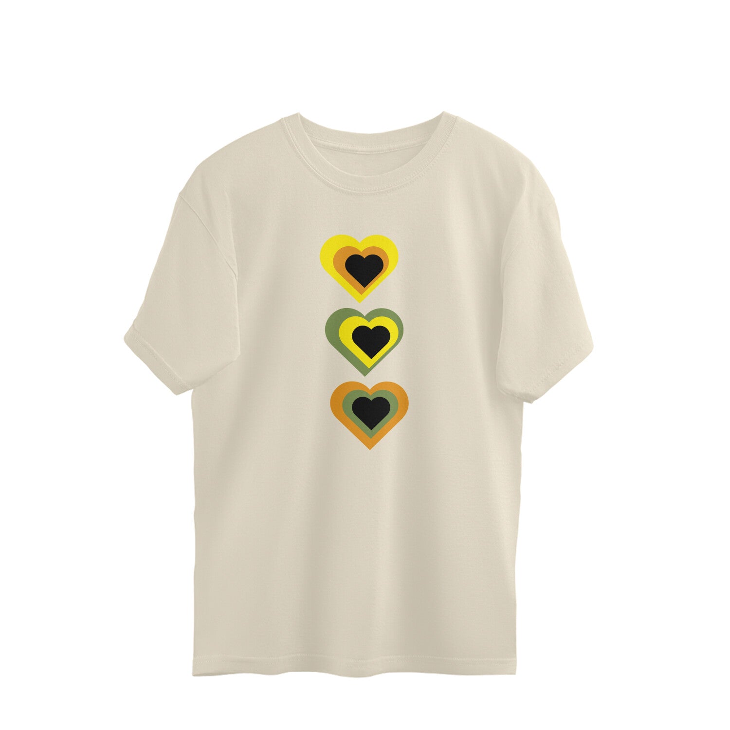 Beige t-shirt with colorful heart design on a white background