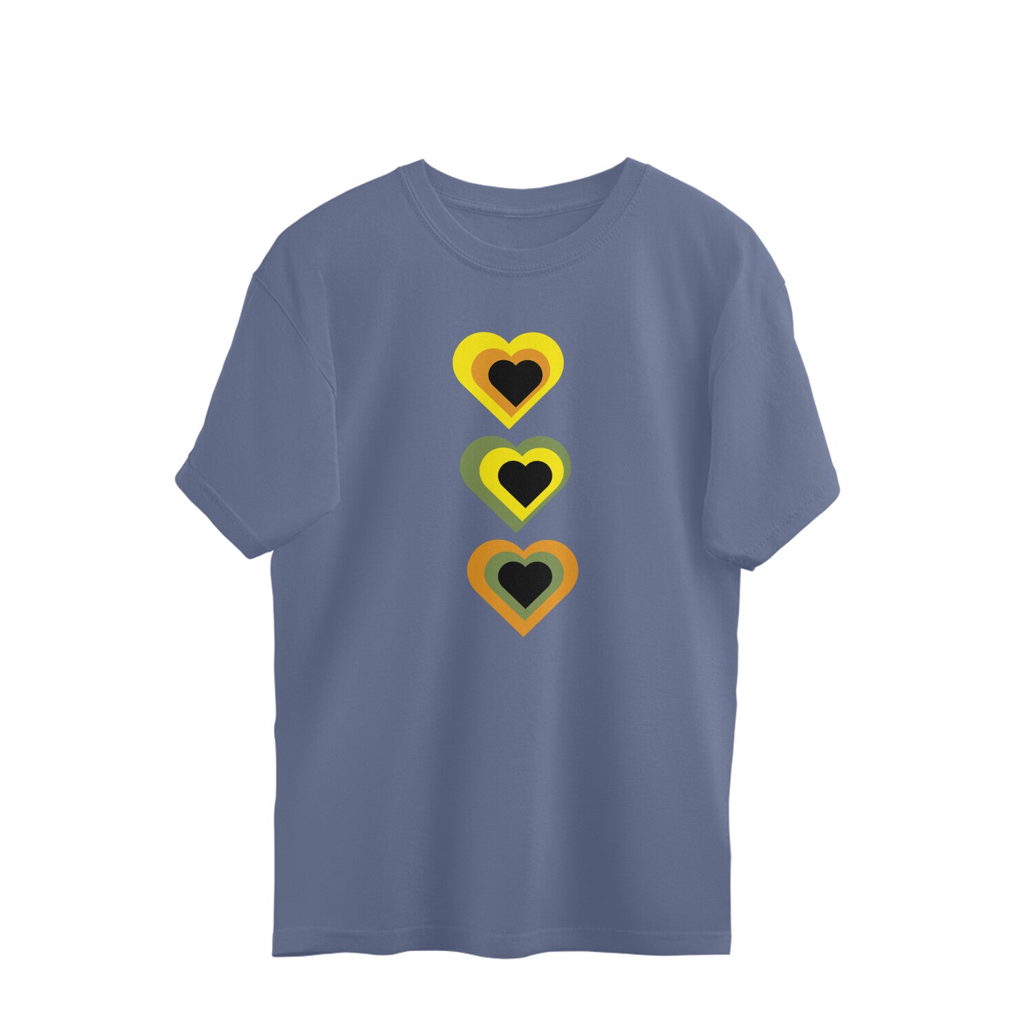 Greyish Blue t-shirt with colorful heart design on a white background