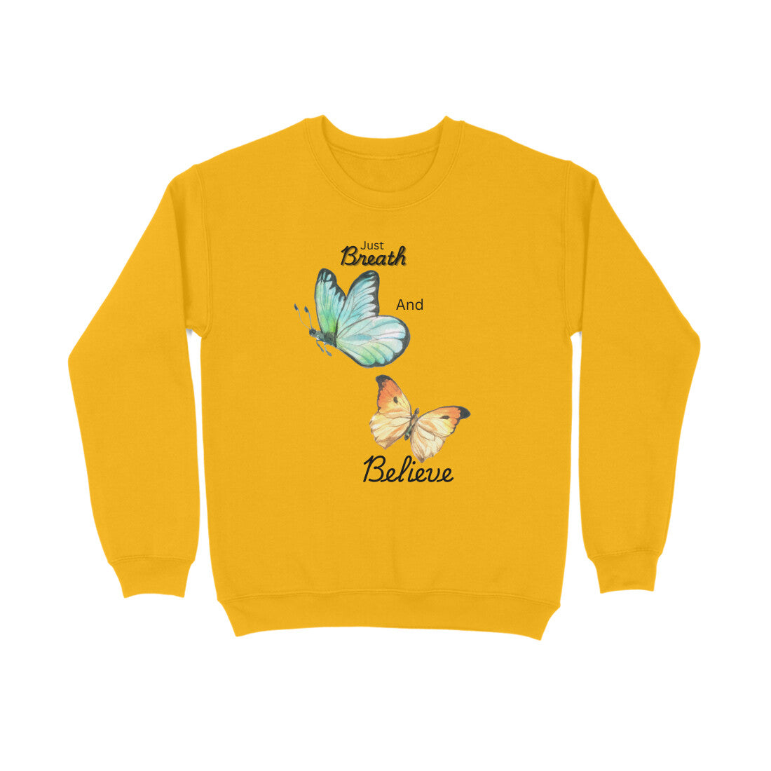 Yellow sweatshirt with butterfly design and text on a white background