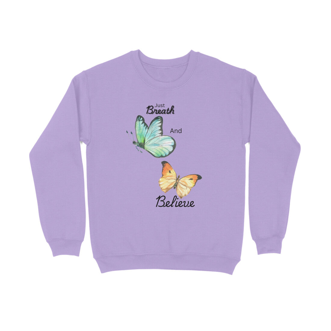Lavender sweatshirt with butterfly design and text on a white background