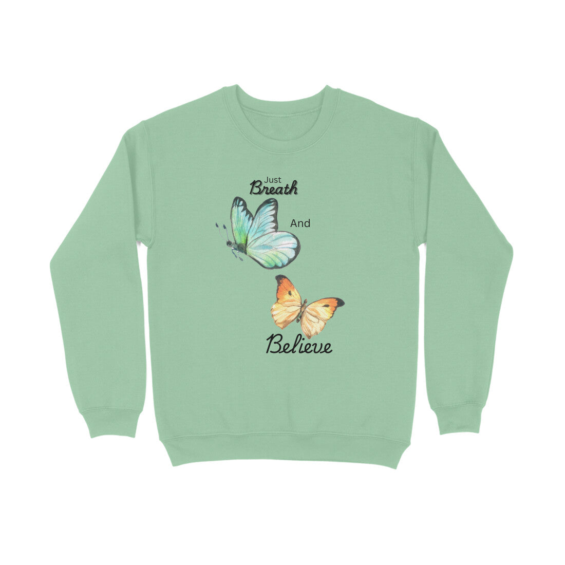 Light green sweatshirt with butterfly design and text on a white background