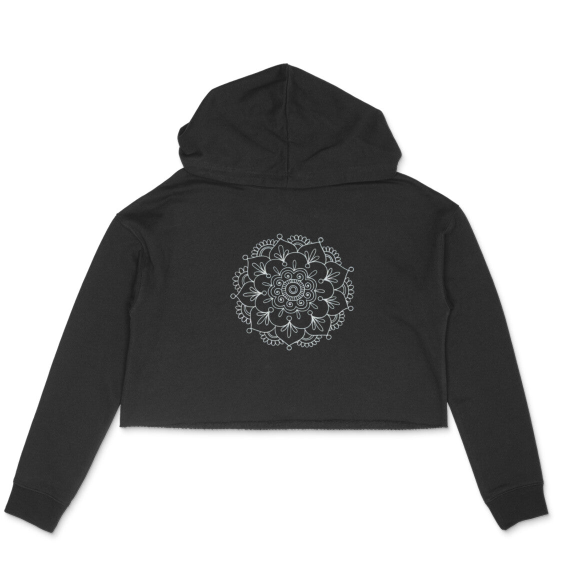 Black cropped hoodie with a mandala design on a white background