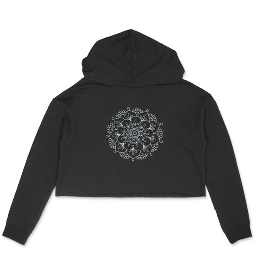Black cropped hoodie with a mandala design on a white background