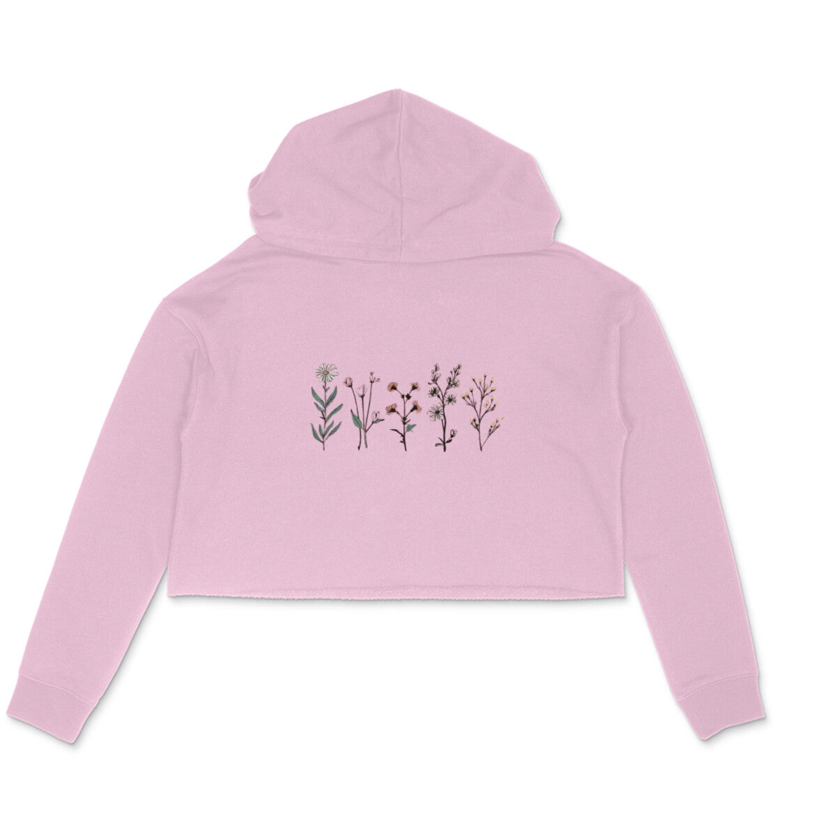 Pink hoodie with floral designs on the back against a white background