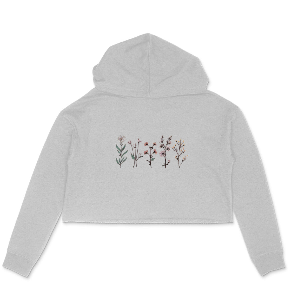 Gray cropped hoodie with floral embroidery on a white background