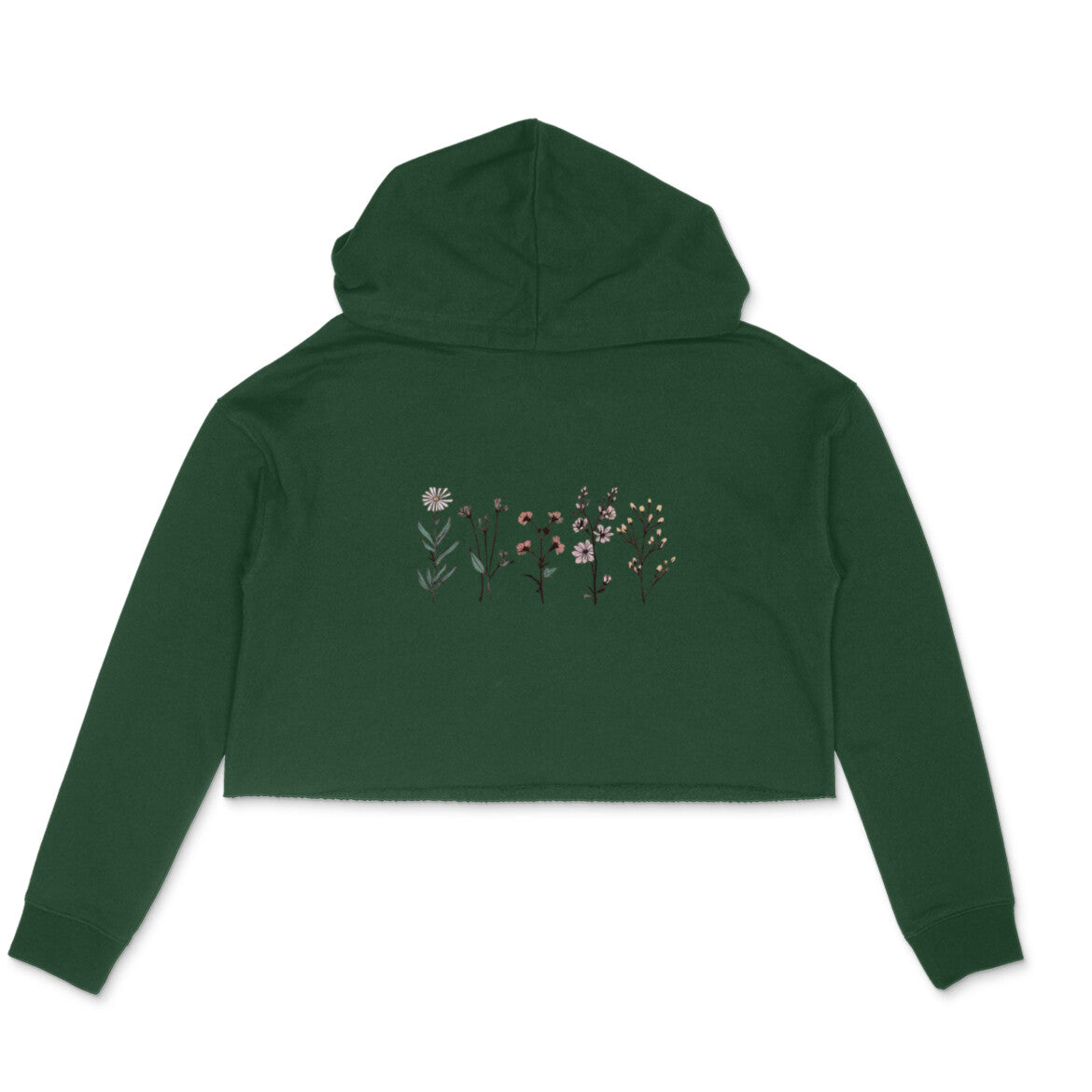 Green hoodie with floral design on the front against a white background