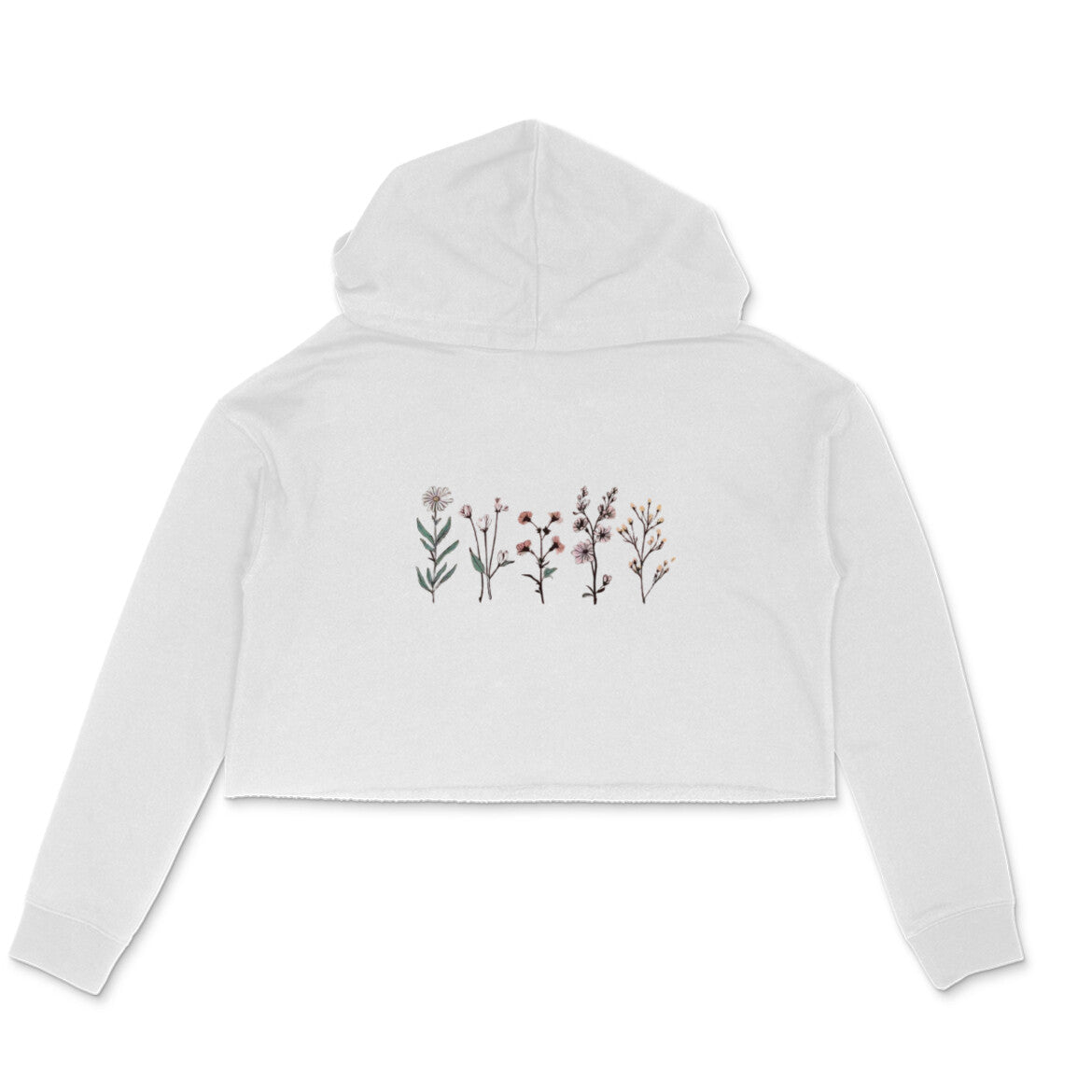 White cropped hoodie with floral designs on a white background