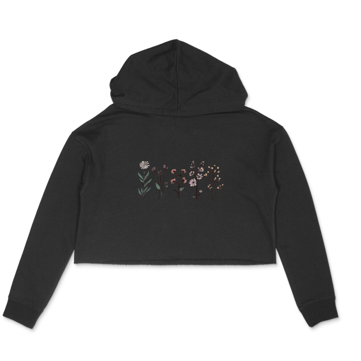 Black hoodie with floral design on a white background