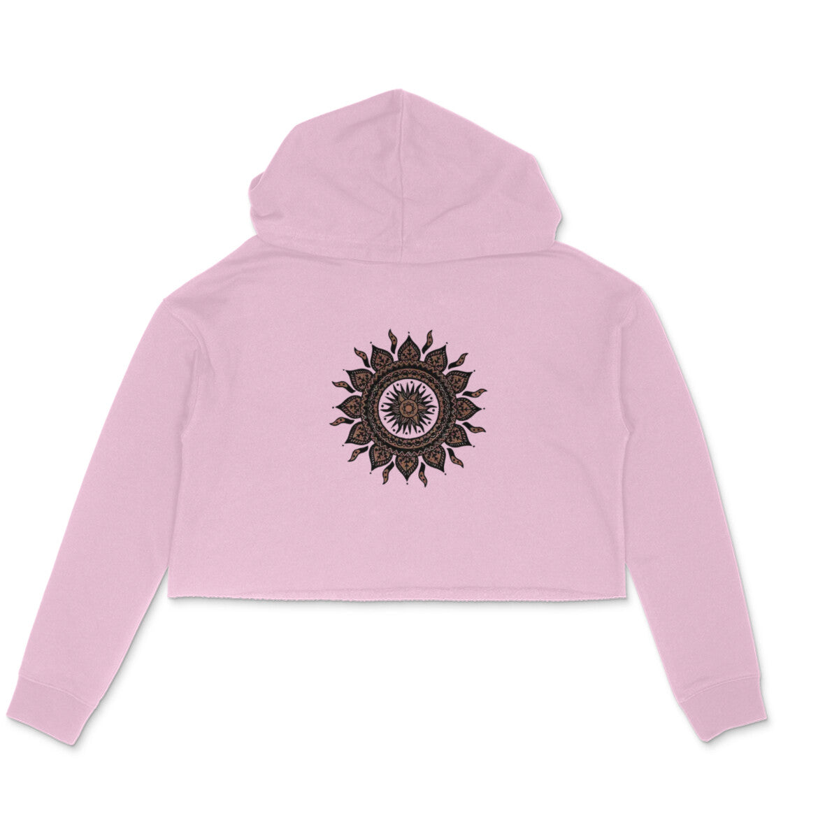 Pink cropped hoodie with a black mandala design on a white background
