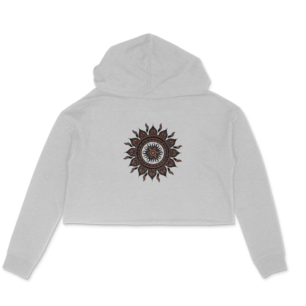 Gray cropped hoodie with a mandala design on the back against a white background