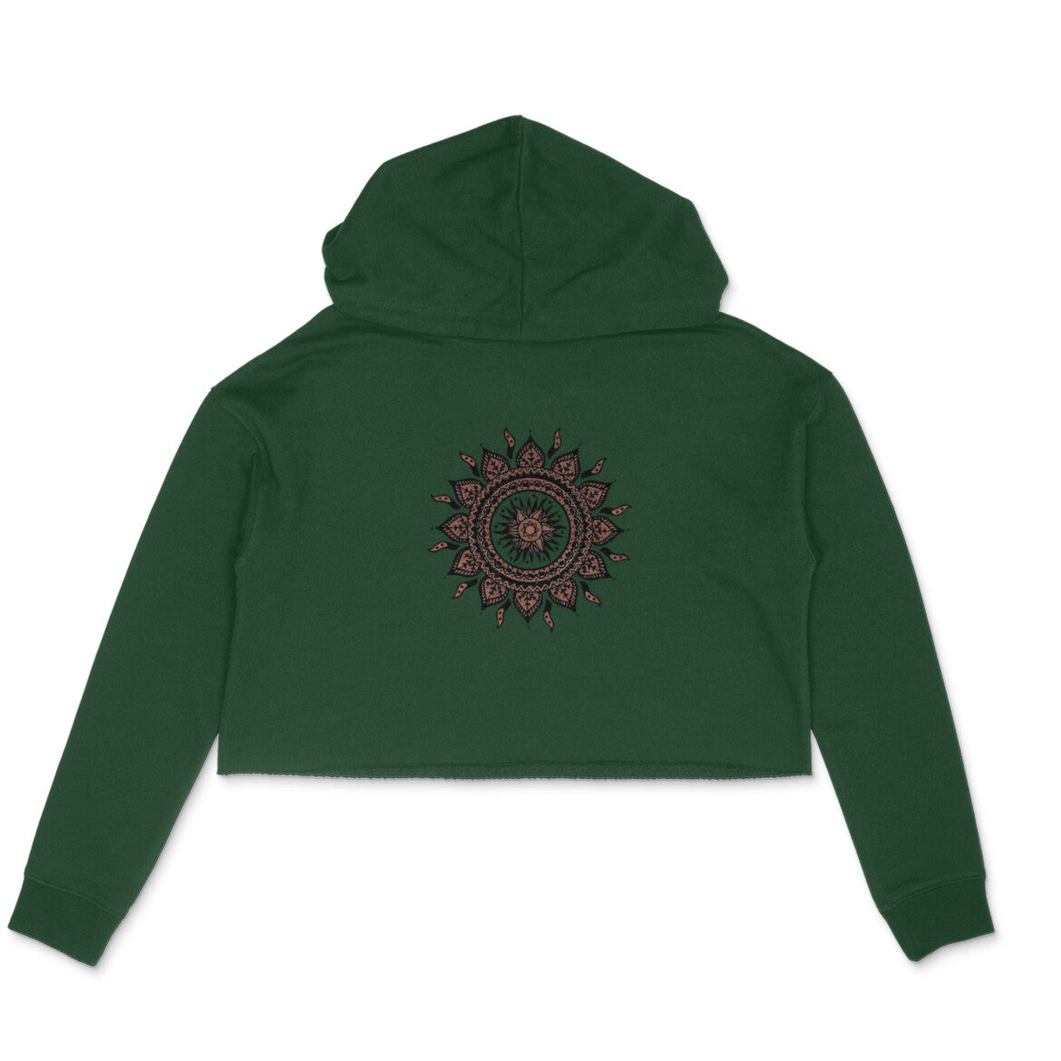 Green hoodie with a mandala design on a white background