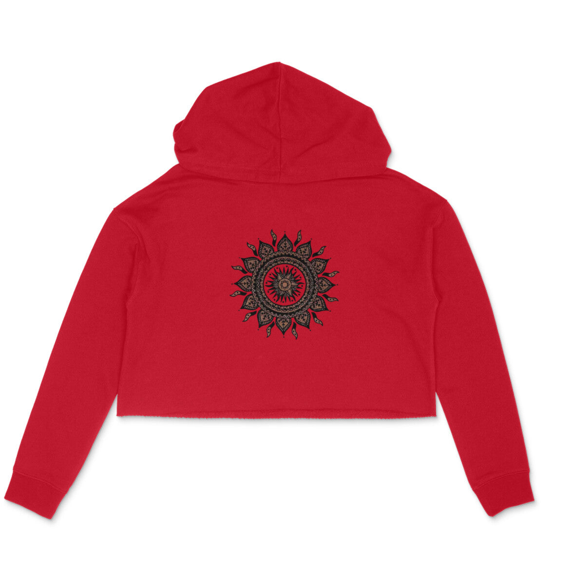 Red cropped hoodie with a black mandala design on a white background