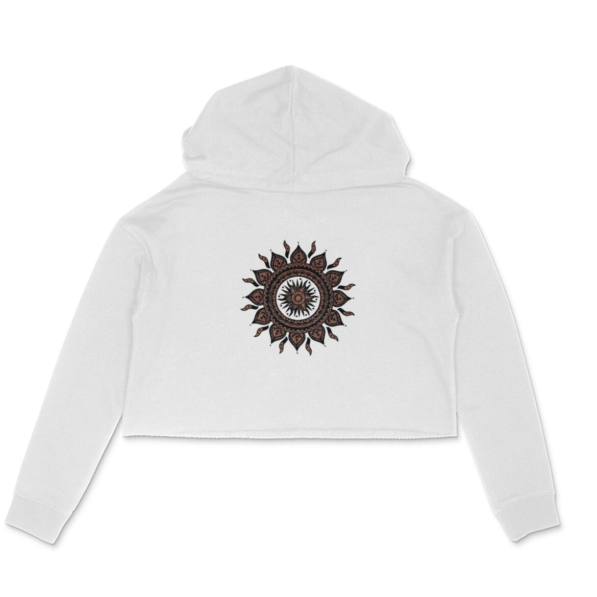 White cropped hoodie with a brown mandala design on a white background