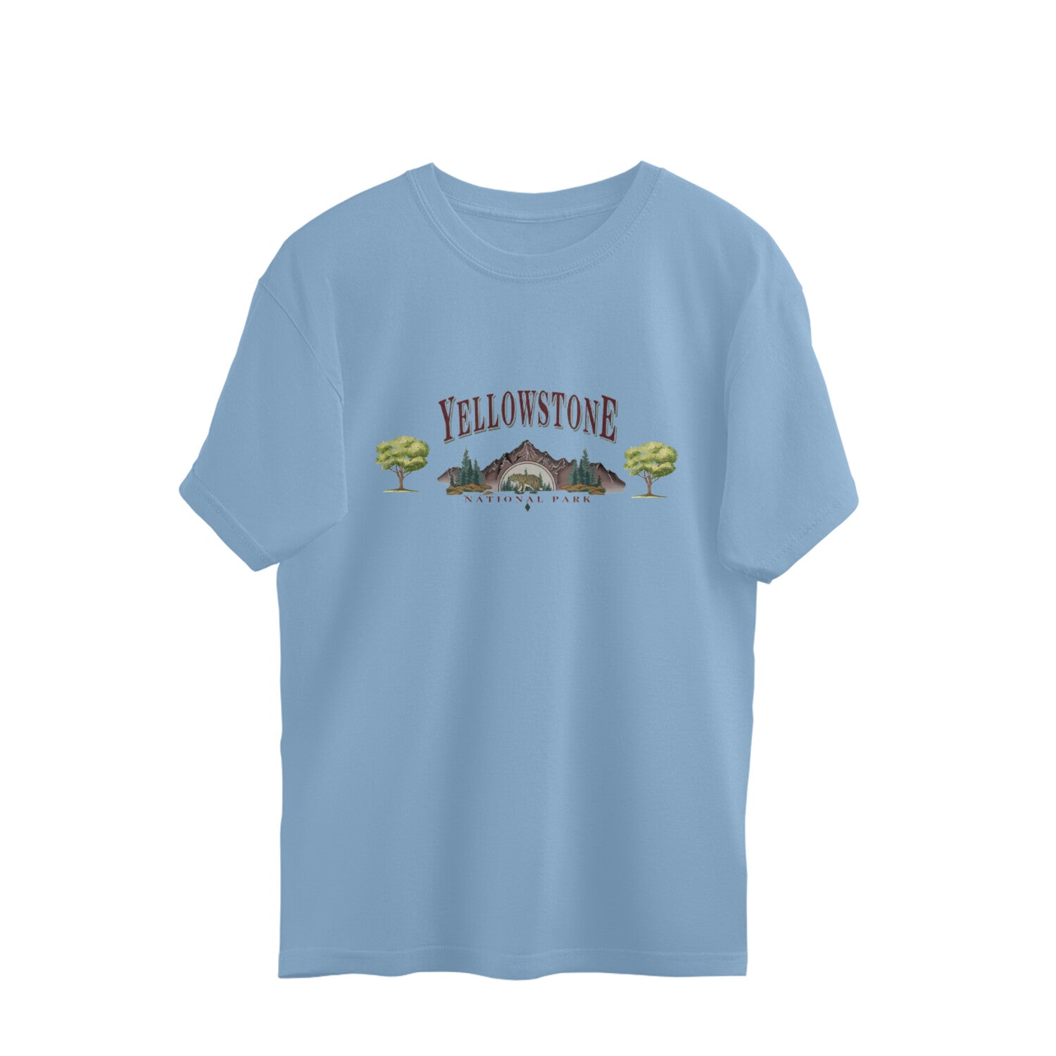 Light blue t-shirt with Yellowstone graphic on a white background