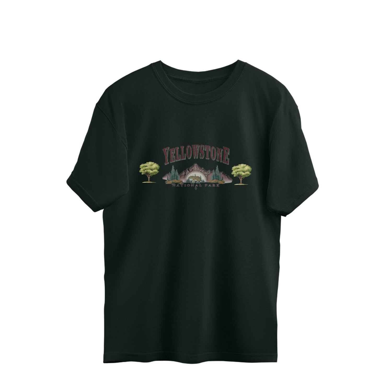 Black t-shirt with Yellowstone graphic design on a white background