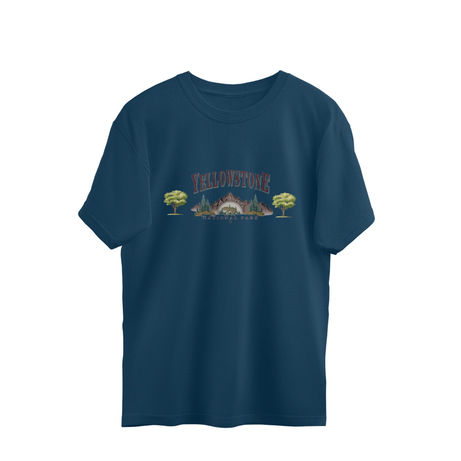 Navy blue t-shirt with Yellowstone graphic design on a white background