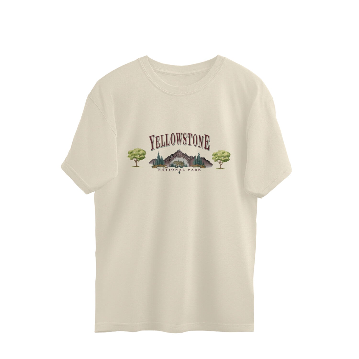 Beige t-shirt with 'Yellowstone National Park' graphic on a white background