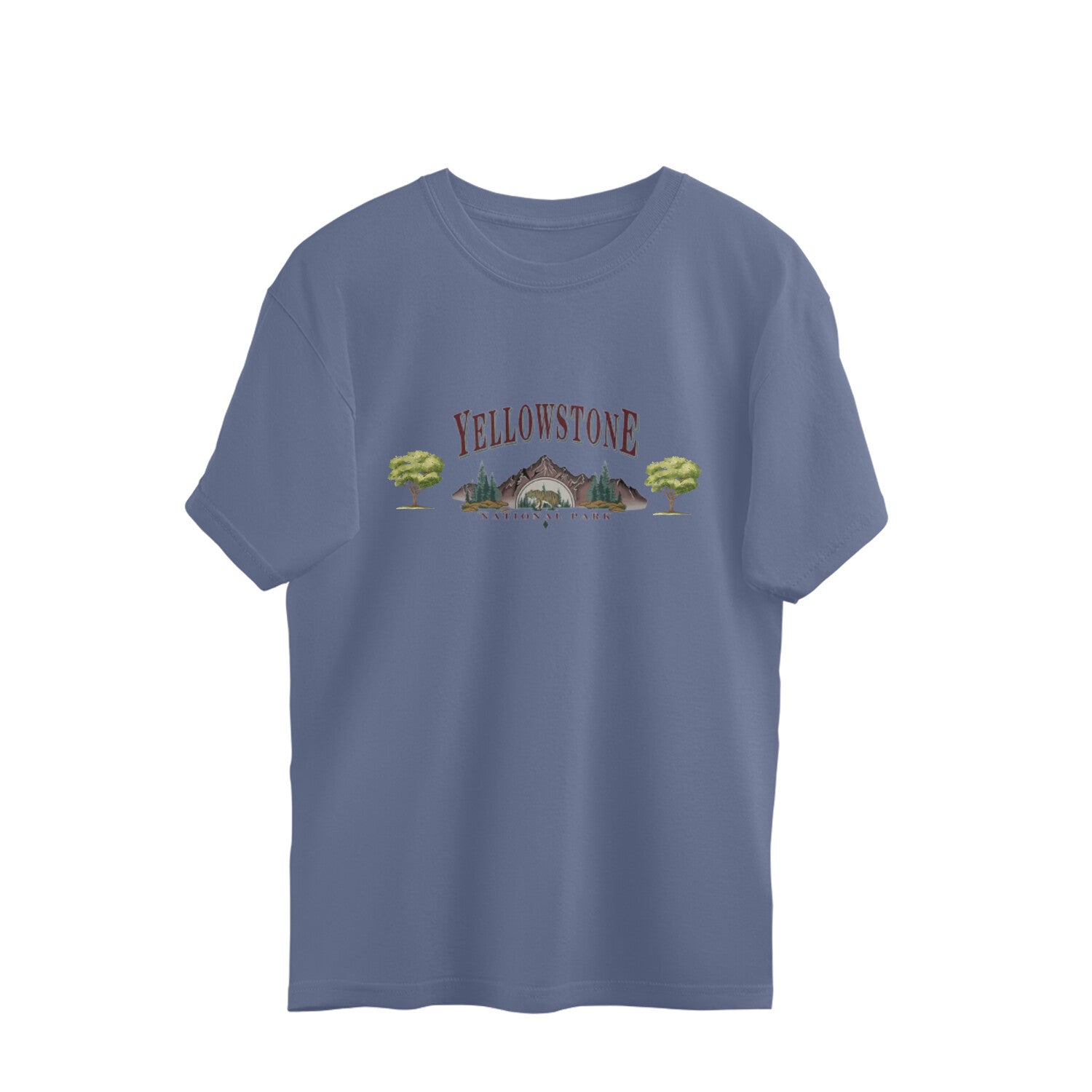 Blue t-shirt with Yellowstone graphic design on a white background
