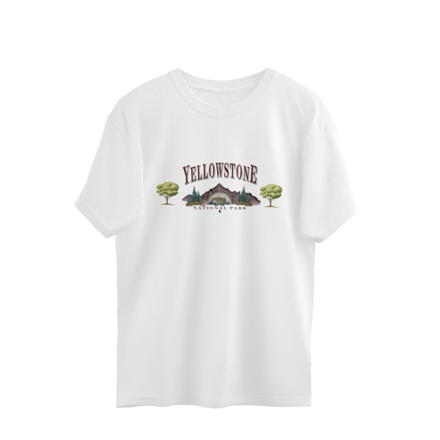 White t-shirt with Yellowstone National Park graphic on a white background