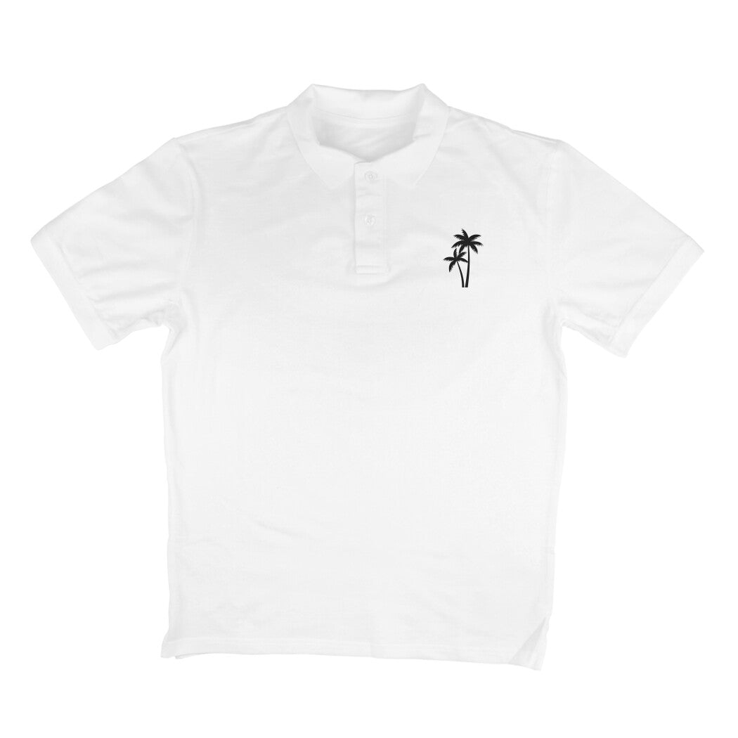 White polo shirt with a black palm tree design on a white background