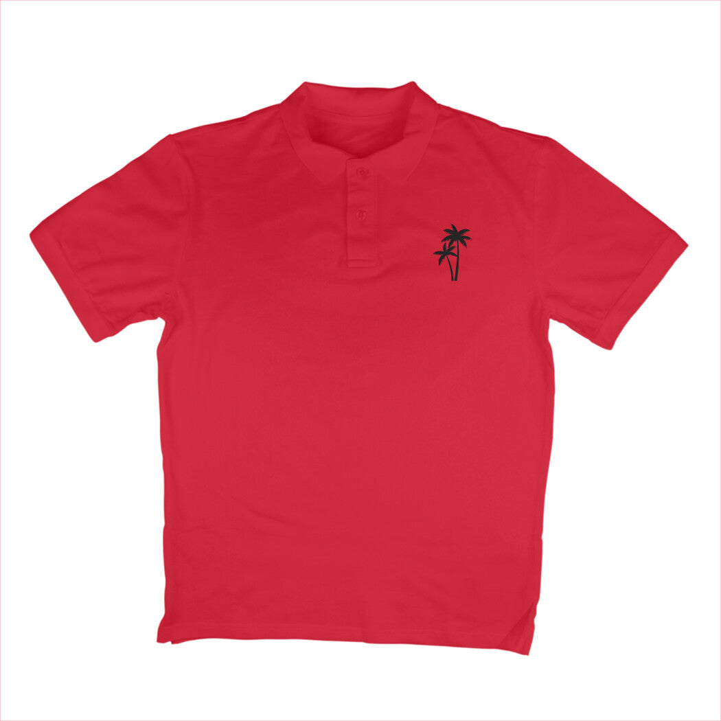 Red polo shirt with a black palm tree design on a white background