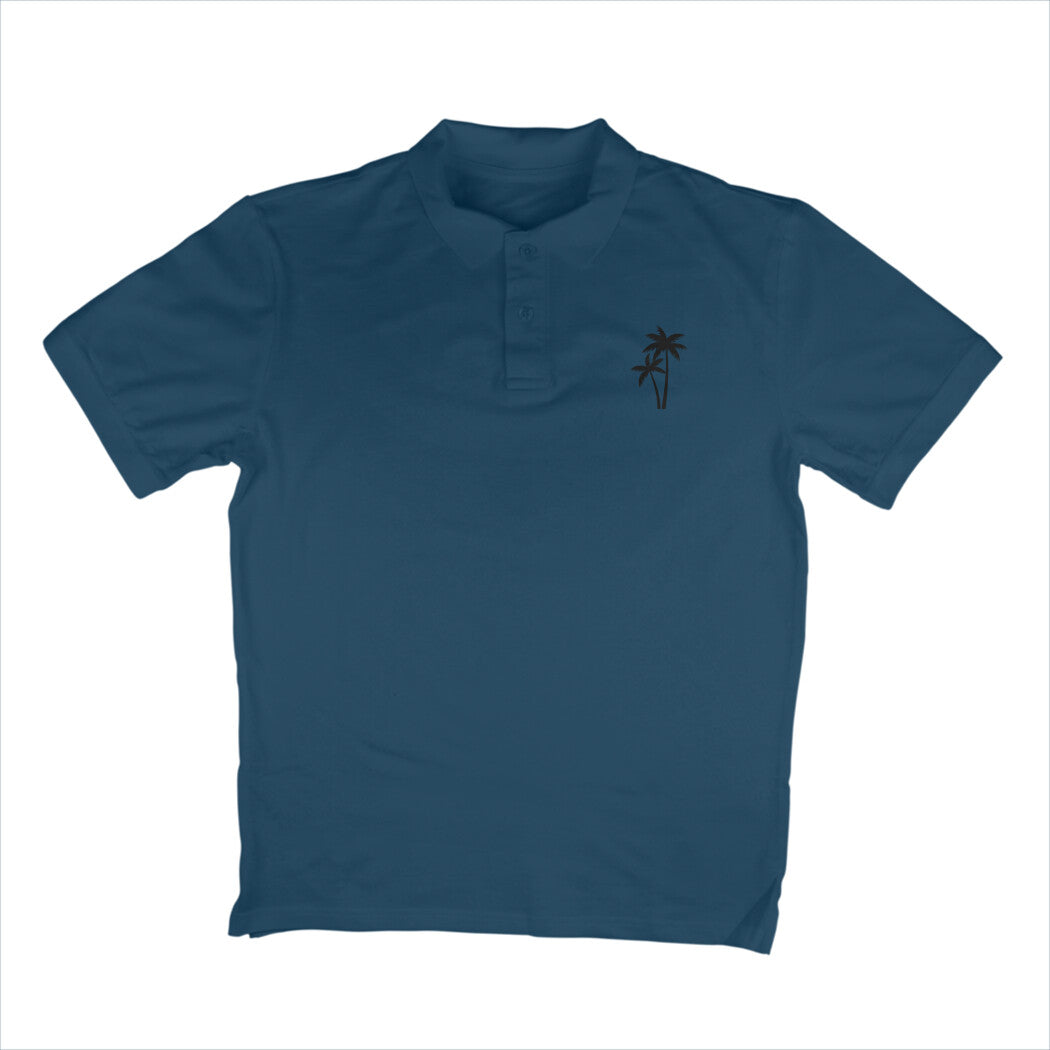 Blue polo shirt with a small palm tree design on a white background