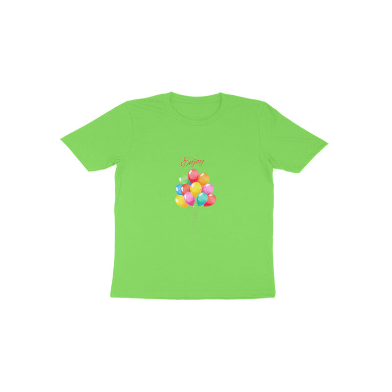 Green t-shirt with colorful balloon design on a white background