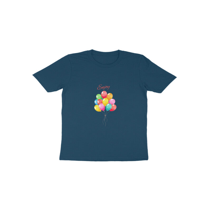 Navy blue t-shirt with colorful balloons and 'Happy' text on a white background