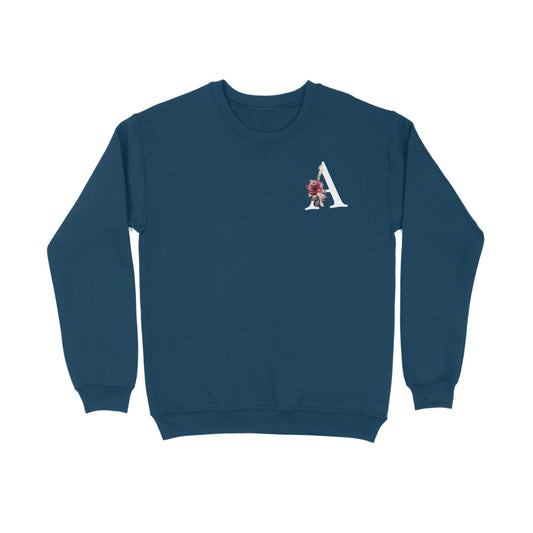 Navy blue sweatshirt with a white logo on a white background