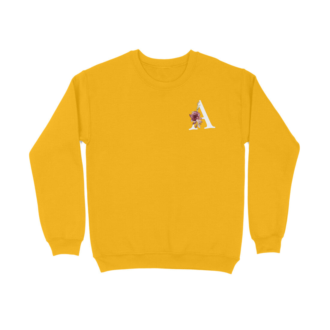 Yellow sweatshirt with a small graphic on the chest against a white background