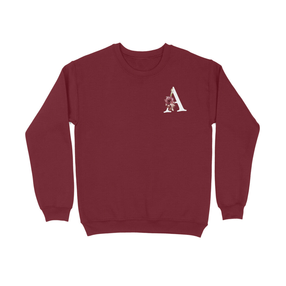 Maroon sweatshirt with a logo on the chest against a white background