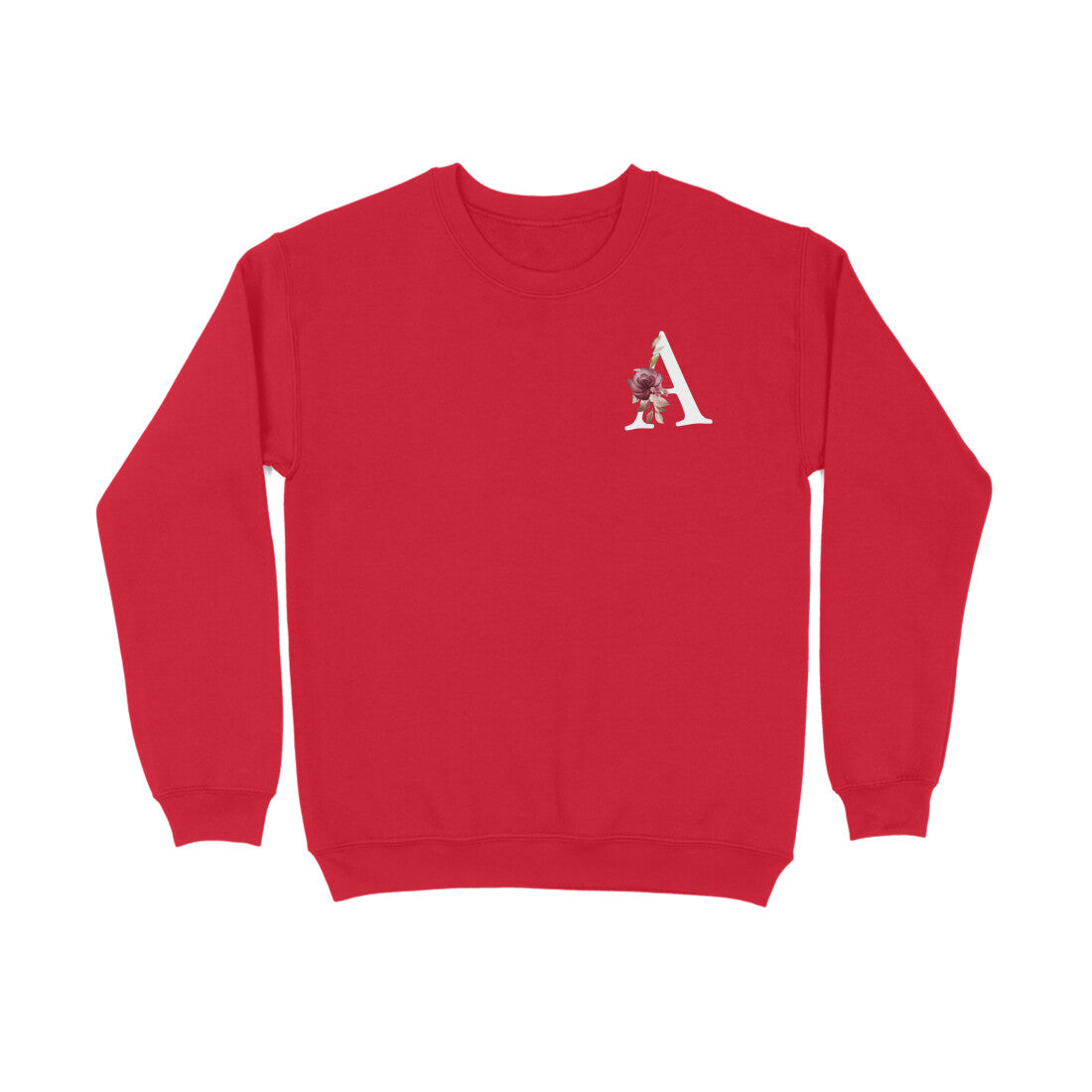 Red sweatshirt with a white letter 'A' logo on a white background