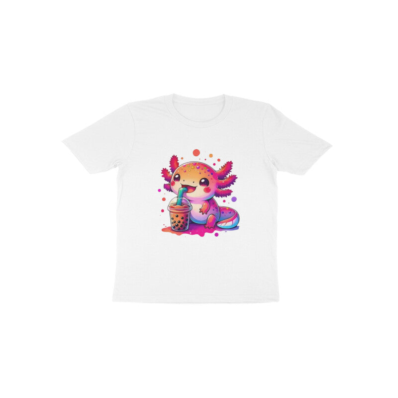 White t-shirt with a colorful mermaid design on a white background