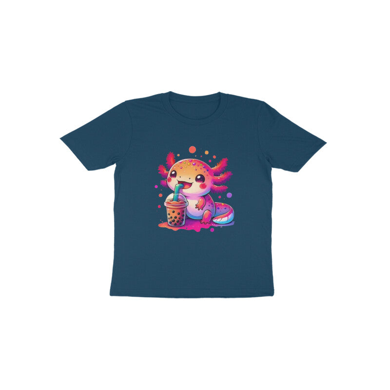 Navy blue t-shirt with a colorful axolotl design drinking from a bubble tea on a white background