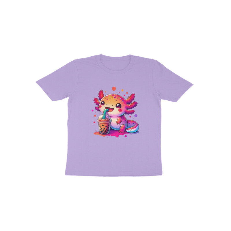 Purple t-shirt with a cute cartoon character drinking bubble tea on a white background