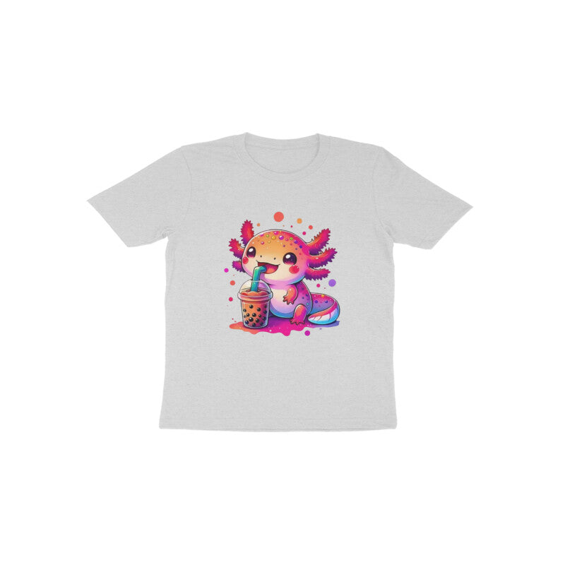 White t-shirt with a colorful axolotl graphic drinking bubble tea on a white background