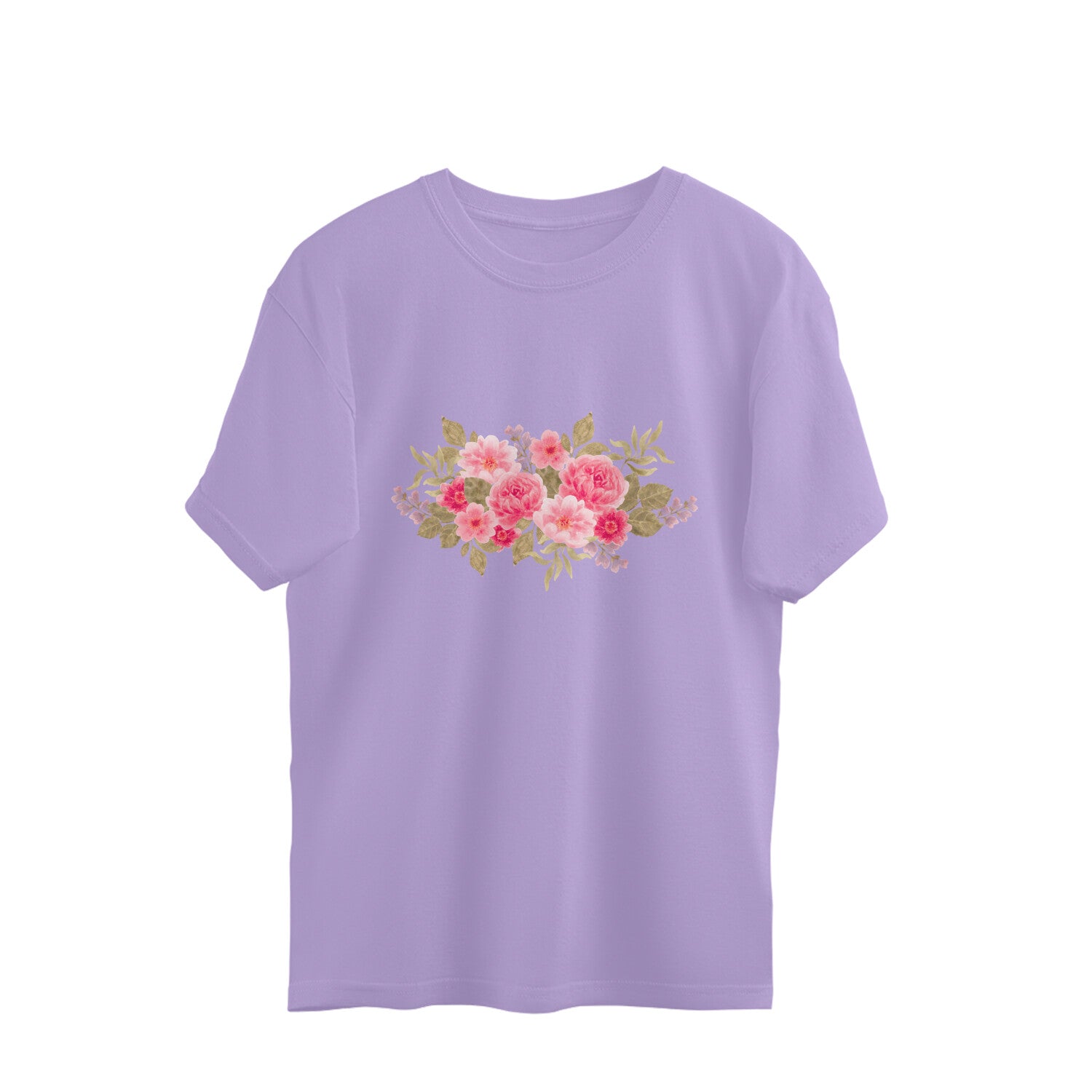 Lavender t-shirt with a floral design on a white background