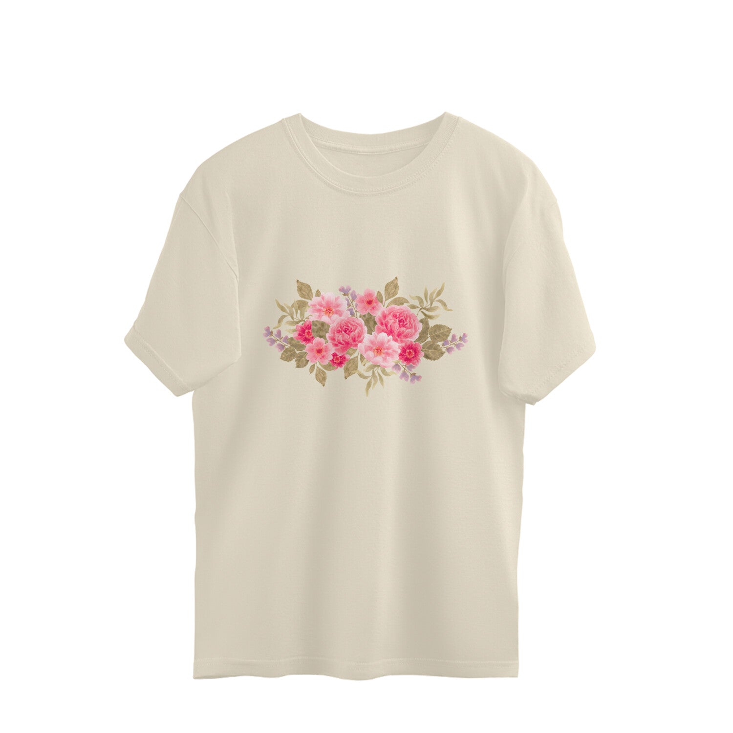 Beige t-shirt with floral design on a white background