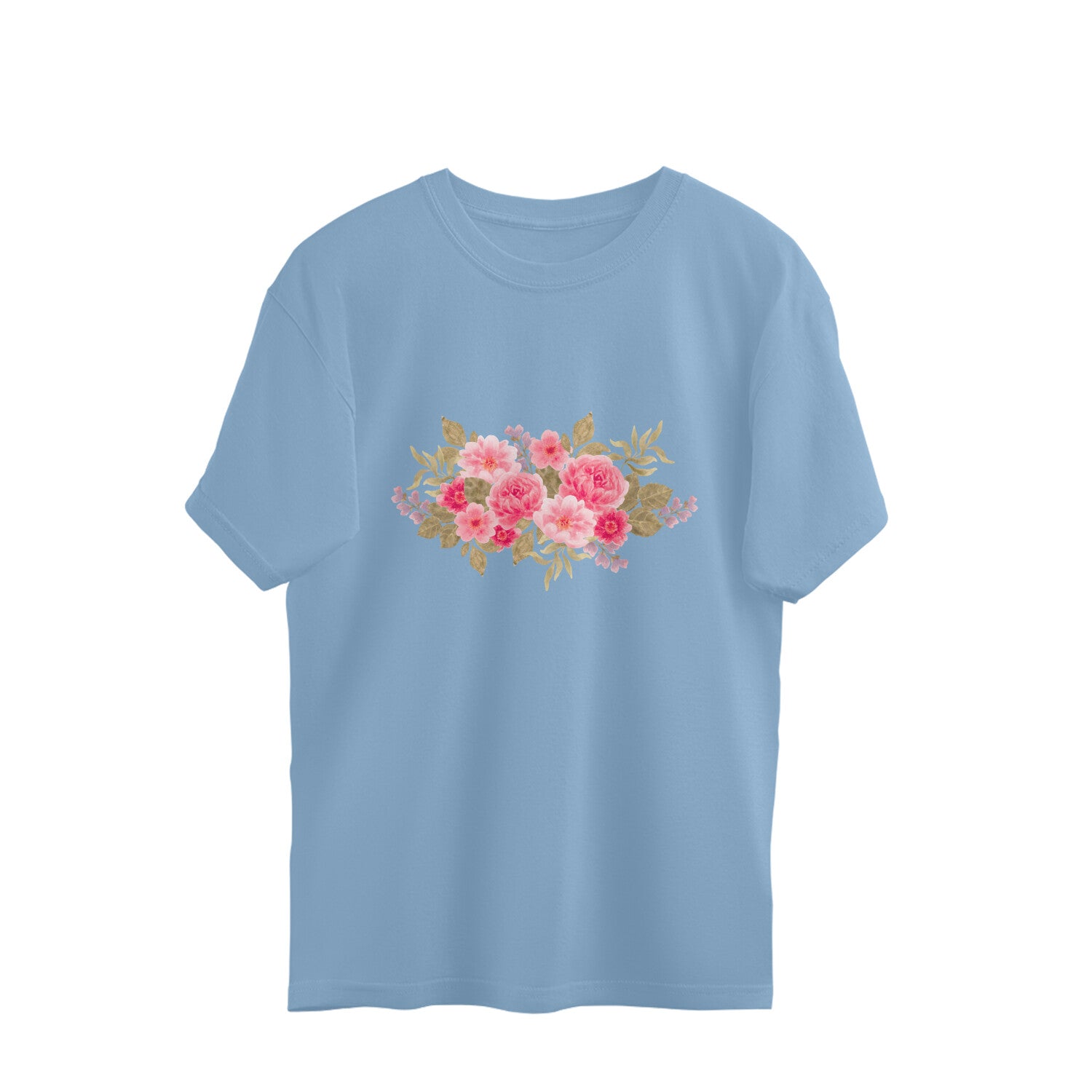 Light blue t-shirt with a floral design on a white background