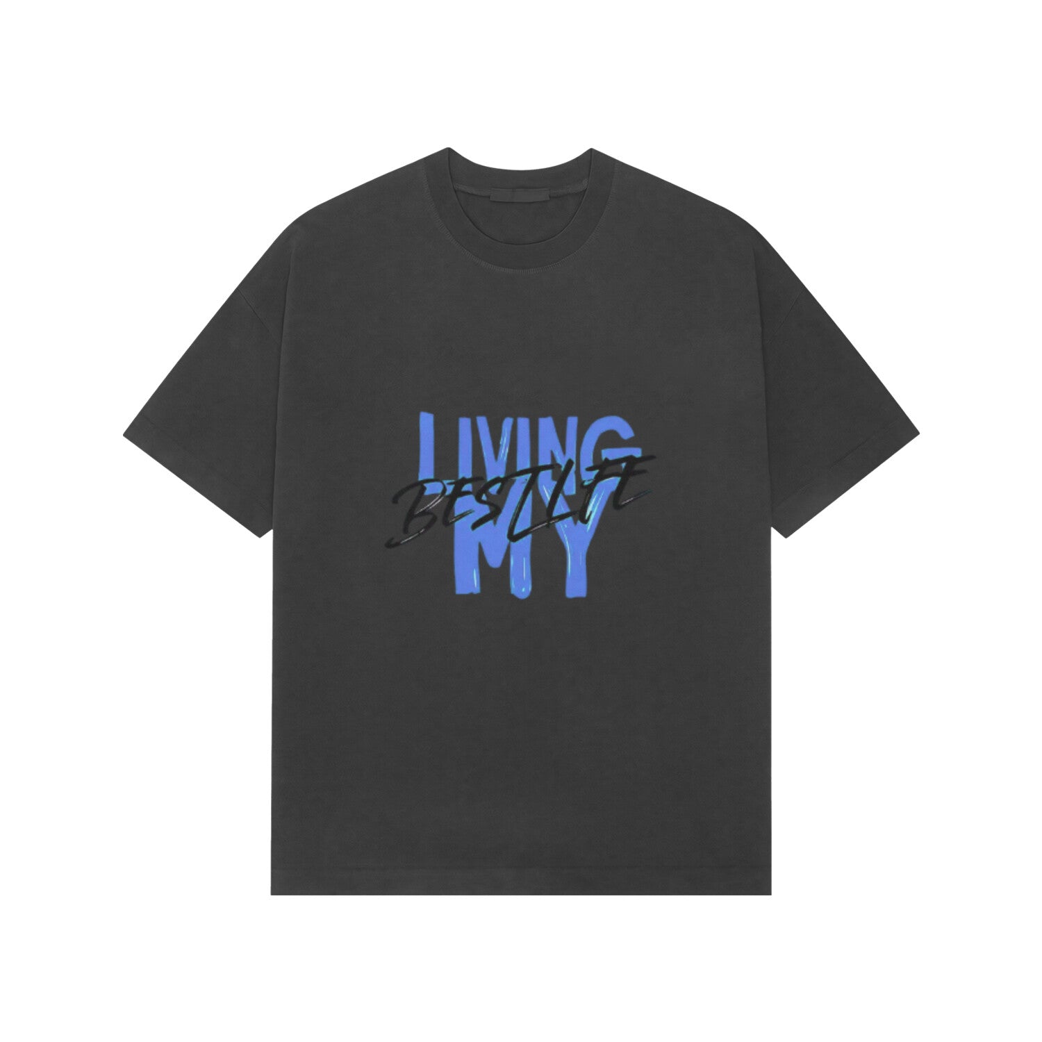 Black t-shirt with blue and white text on a white background