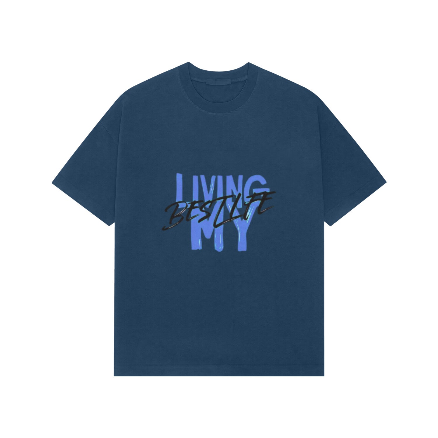 Navy blue t-shirt with text design on a white background