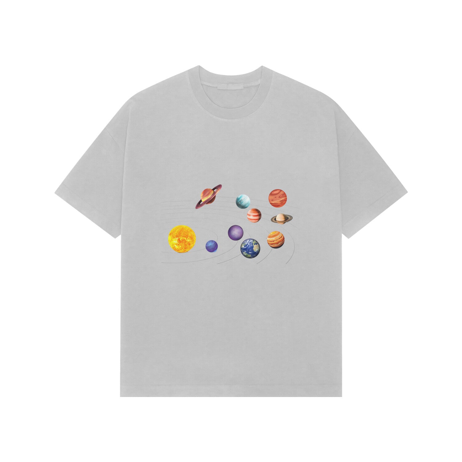 Gray t-shirt with colorful planet illustrations on a white background