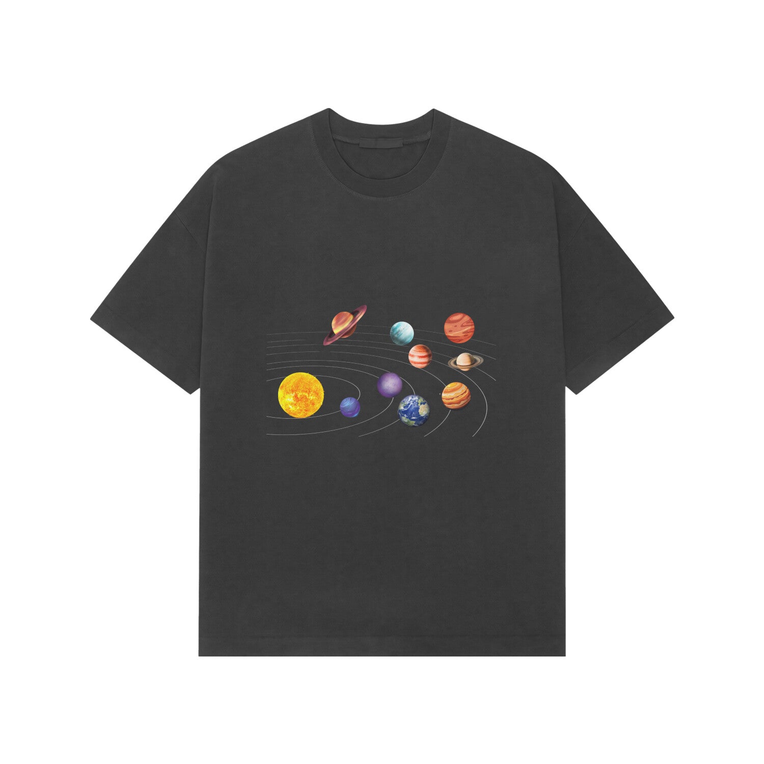 Black t-shirt with colorful solar system design on a white background